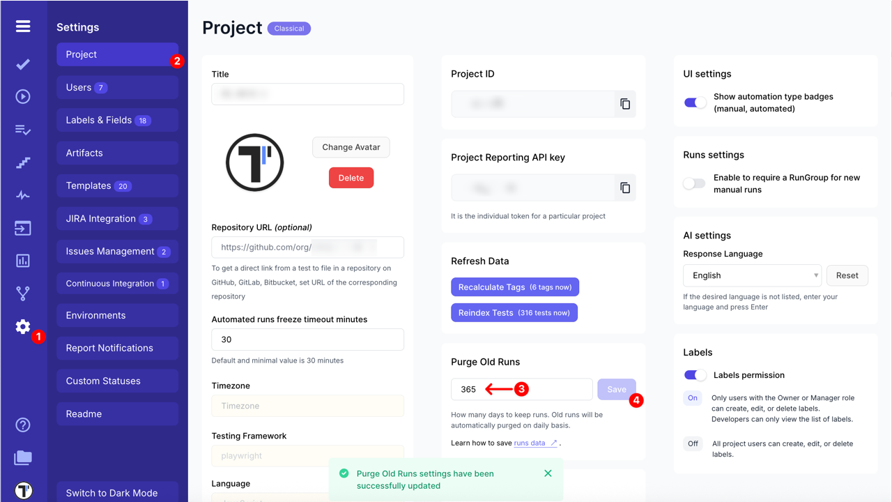 Purge Old Runs settings have been successfully updated